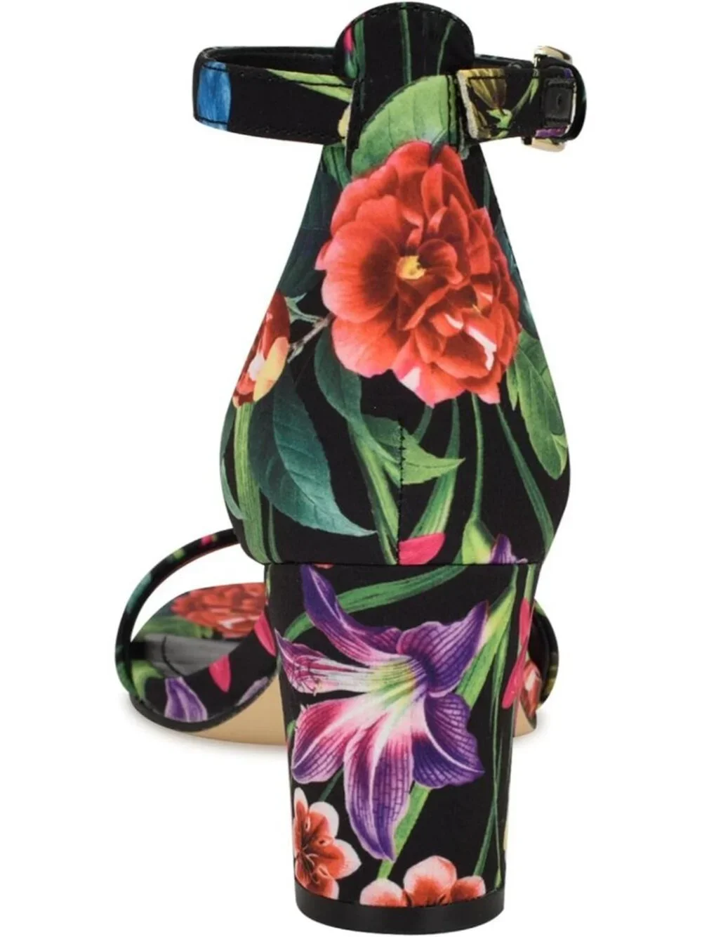 Women Black Lush Floral Round Toe Ankle Strap Wnpruce Block Heeled Sandal Shoes